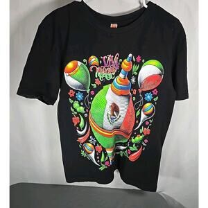 Viva Mexico T-Shirt Mens L Black Graphic Tee Mexican Flag Trompo Spinning Top